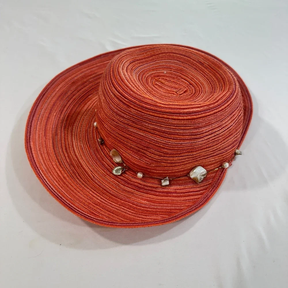 Cappelli Straworld Sun Hat Womens Coral Woven Seashell Beaded Wide Brim Beach